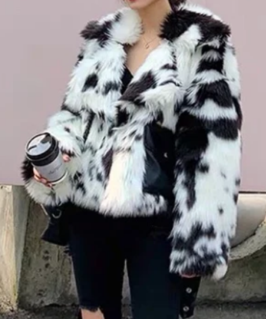 Cow Print Hip Length Faux Fur Jacket