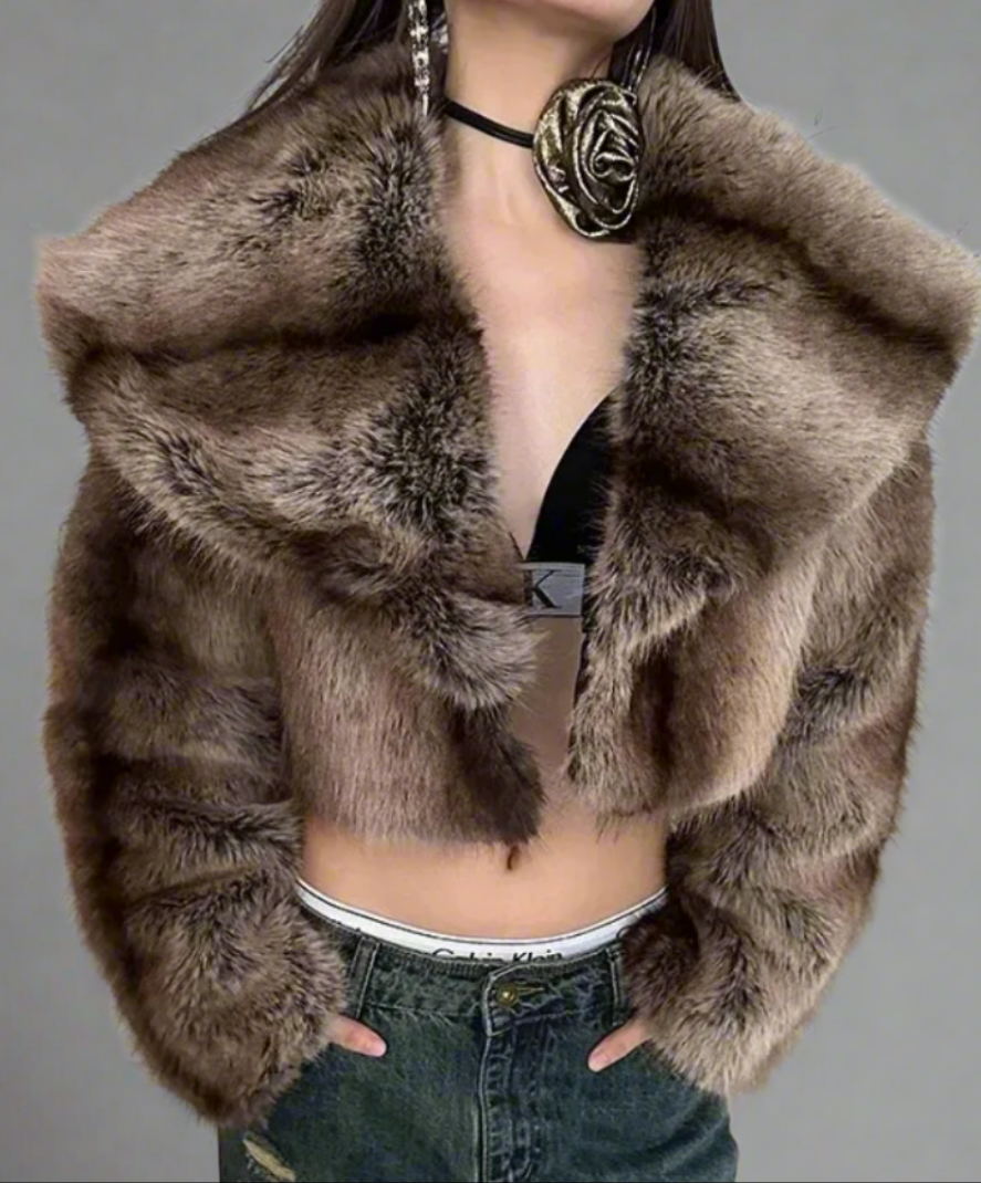 Cropped Faux Big Collar Fur Jacket- Prima Dons and Donnas