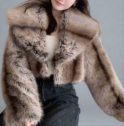 Cropped Faux Big Collar Fur Jacket- Prima Dons and Donnas