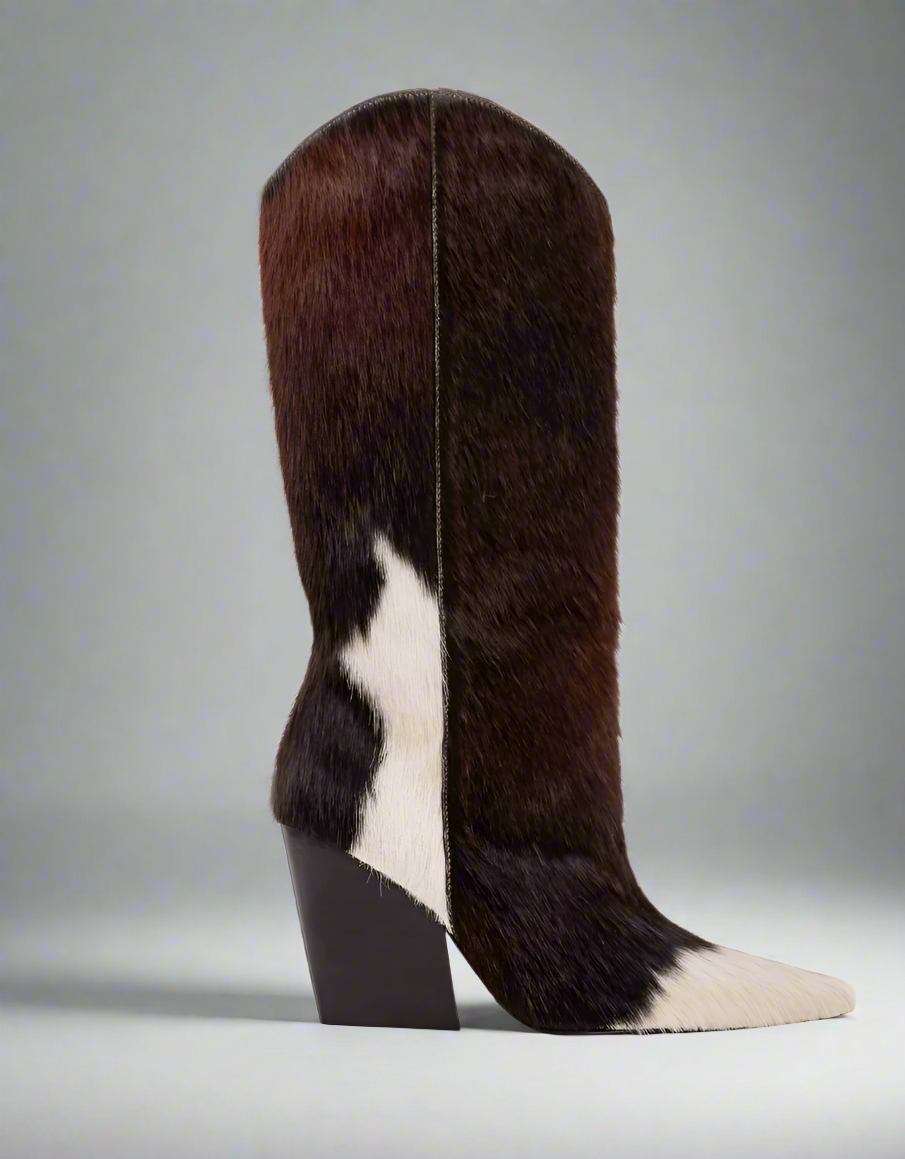 Cowboy boot with a unique patchwork design of brown and white cowhide fur, featuring a pointed toe, high shaft, and chunky black heel.