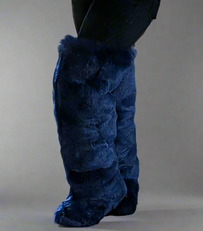 Deep-blue, textured, faux-fur thigh-high boots extending to the upper leg