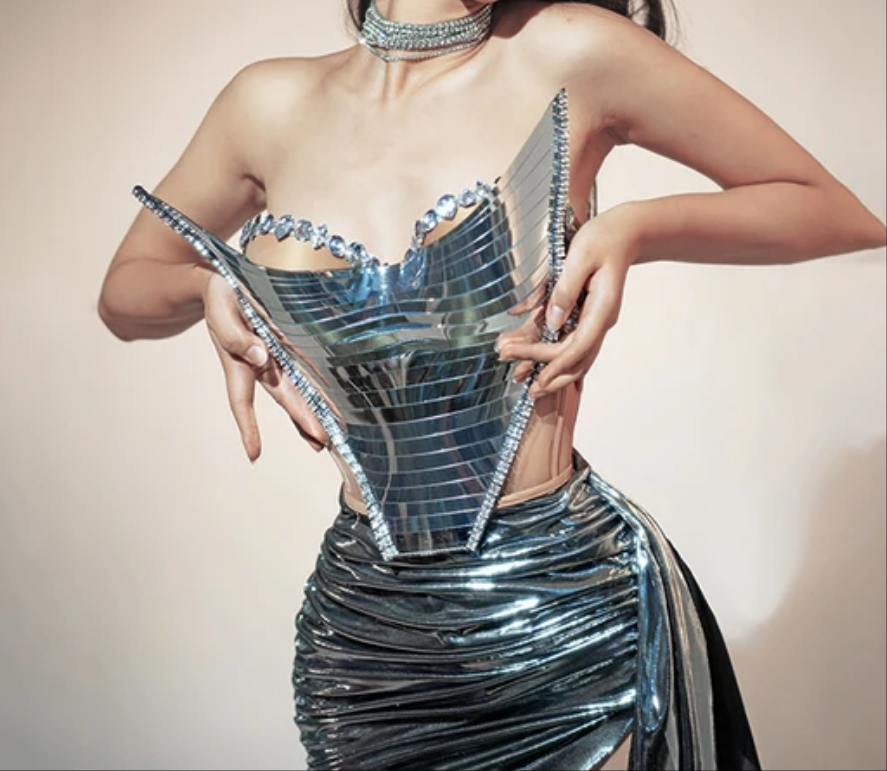 Metal Corset Crystals Mesh Dress