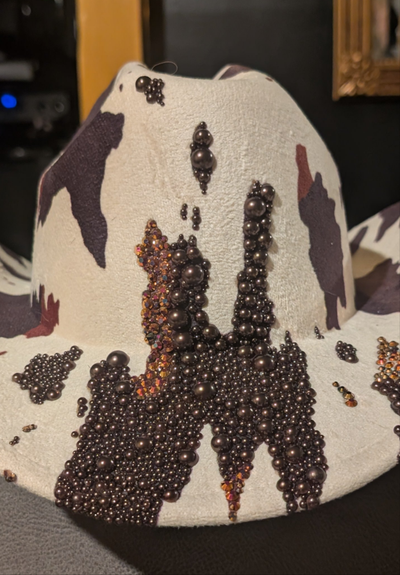 Custom Cowboy Print Pearl & Rhinestone Western Cowboy Hat (Ready to Ship)