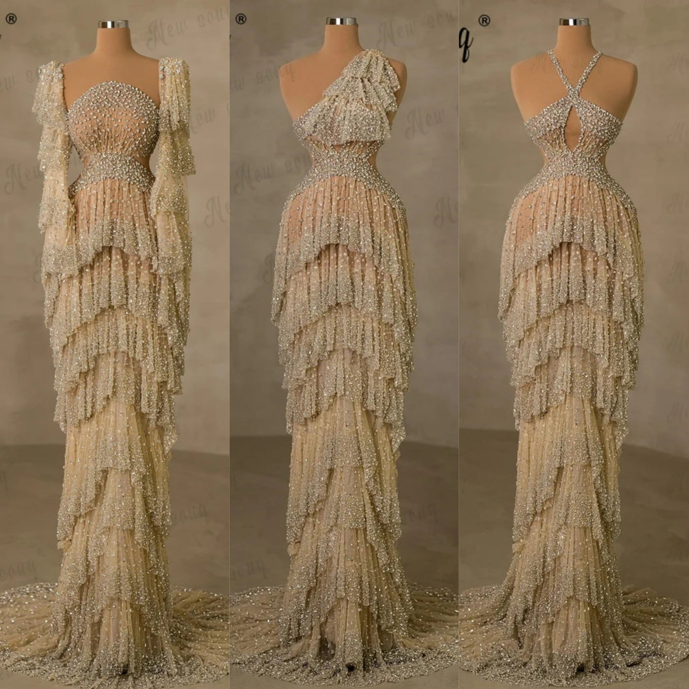 Pearl Mesh Ruffle Rhinestone Maxi Dress