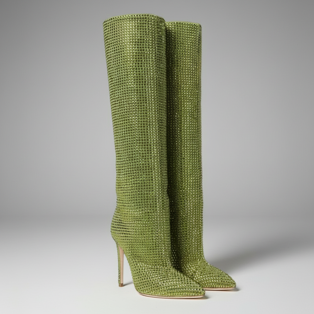 Rhinestone Stiletto Boots – Custom Calf High Heel Boots With Chunky Silver Heel