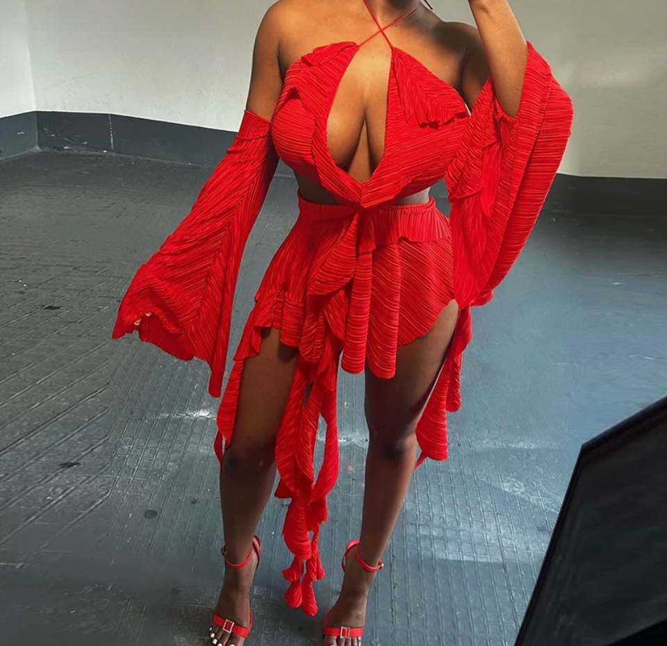 Super Sexy Ruffle Plunge Mini Dress