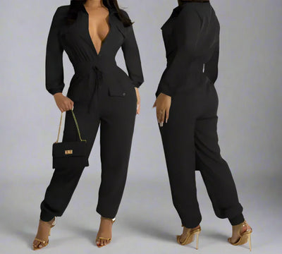 Pockets Jumpsuit - Linen Women's Casual Outfit with Oversized Pockets