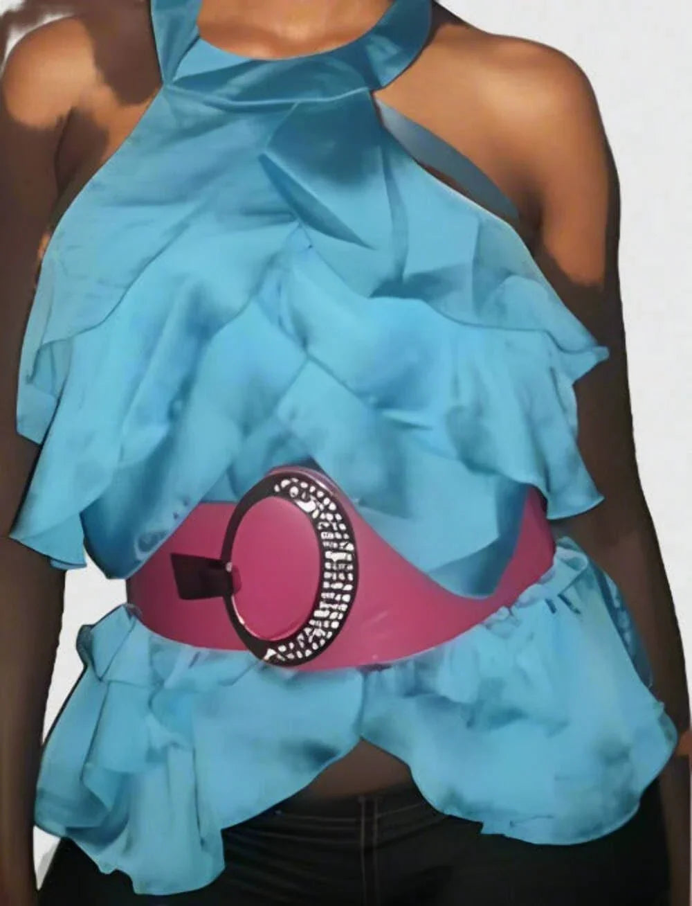 Halter round neckline top with asymmetrical layered ruffled- Prima Dons and Donn