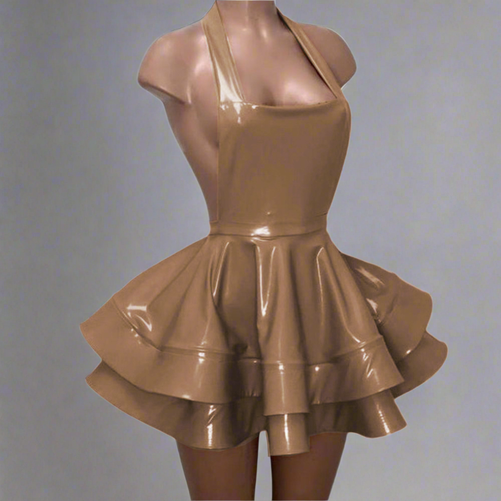 alt="Stylish tan latex overalls with a flared skirt, perfect for a bold and futuristic look."