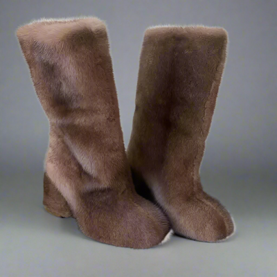 Elegant, knee-high winter boots crafted from plush, with brown mink fur 