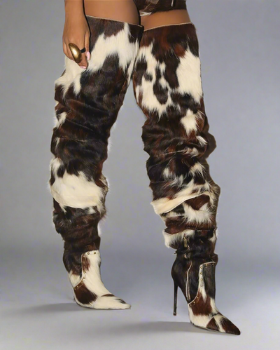 Thigh High Cow Hide Fur Boots