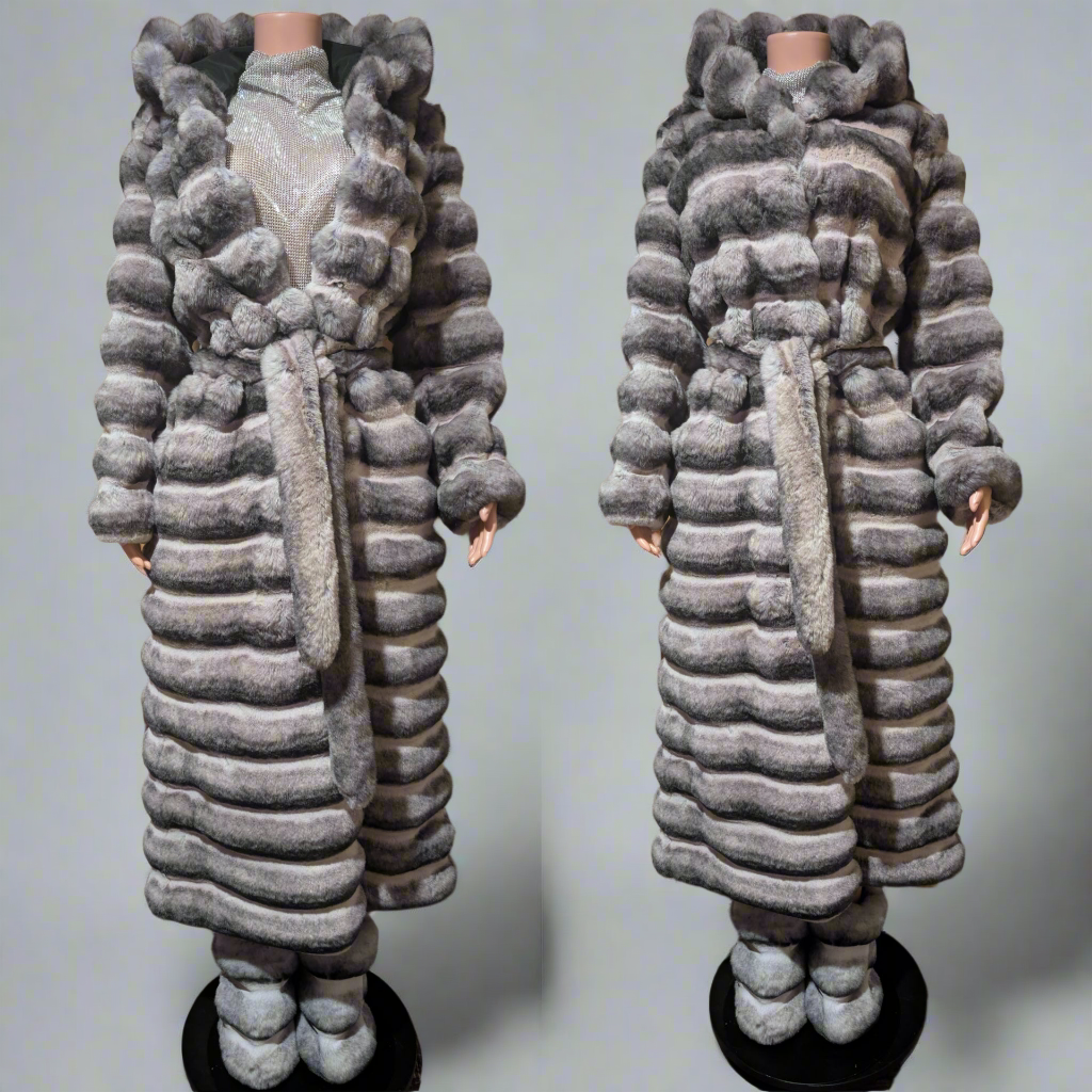 Hooded Chinchilla Look Long Fluffy Faux Jacket