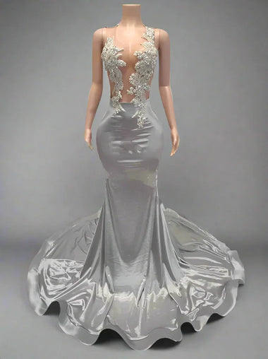 chinese dress ladies Stunning Silver V-Neck Satin Mermaid Long Prom Dresses