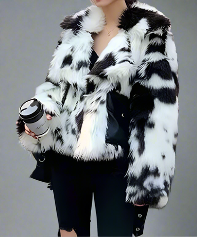 Cow Print Hip Length Faux Fur Jacket
