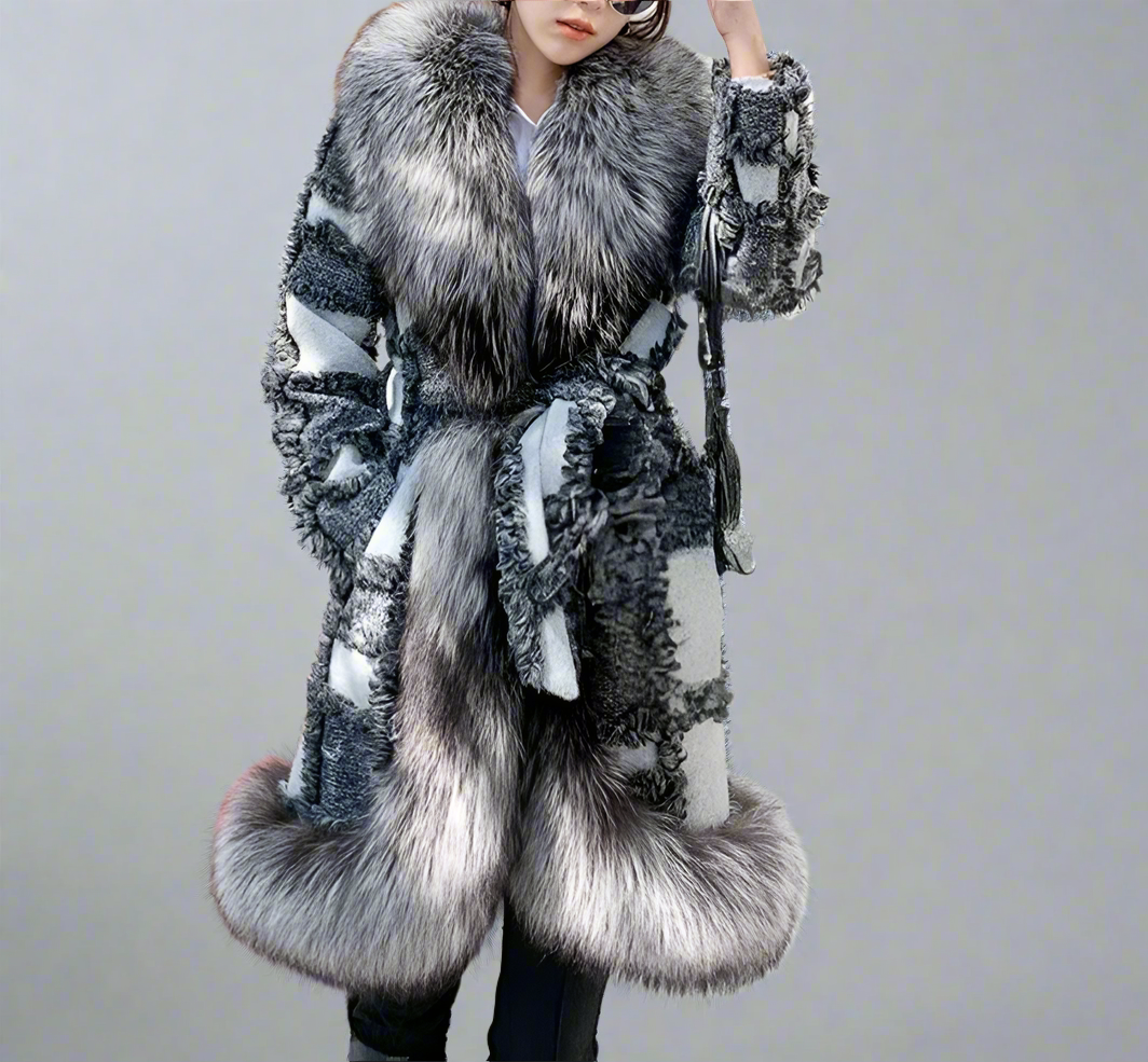 Patchwork Knee Length Faux Fur Jacket