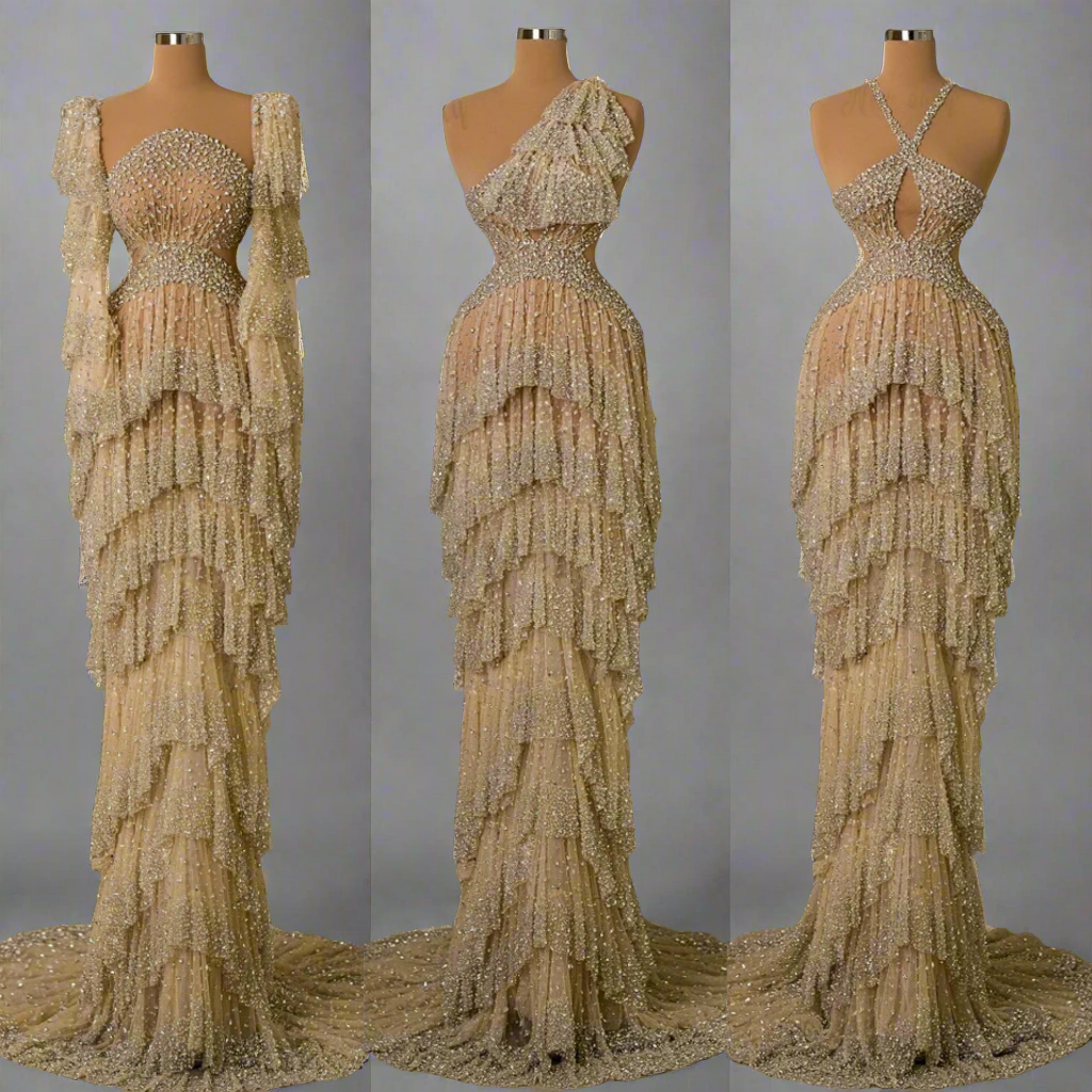 Pearl Mesh Ruffle Rhinestone Maxi Dress