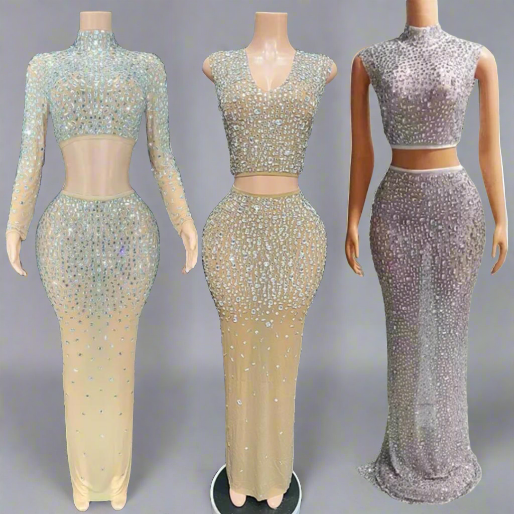 Two Piece Rhinestone Crystals Maxi Skirt Dress Set
