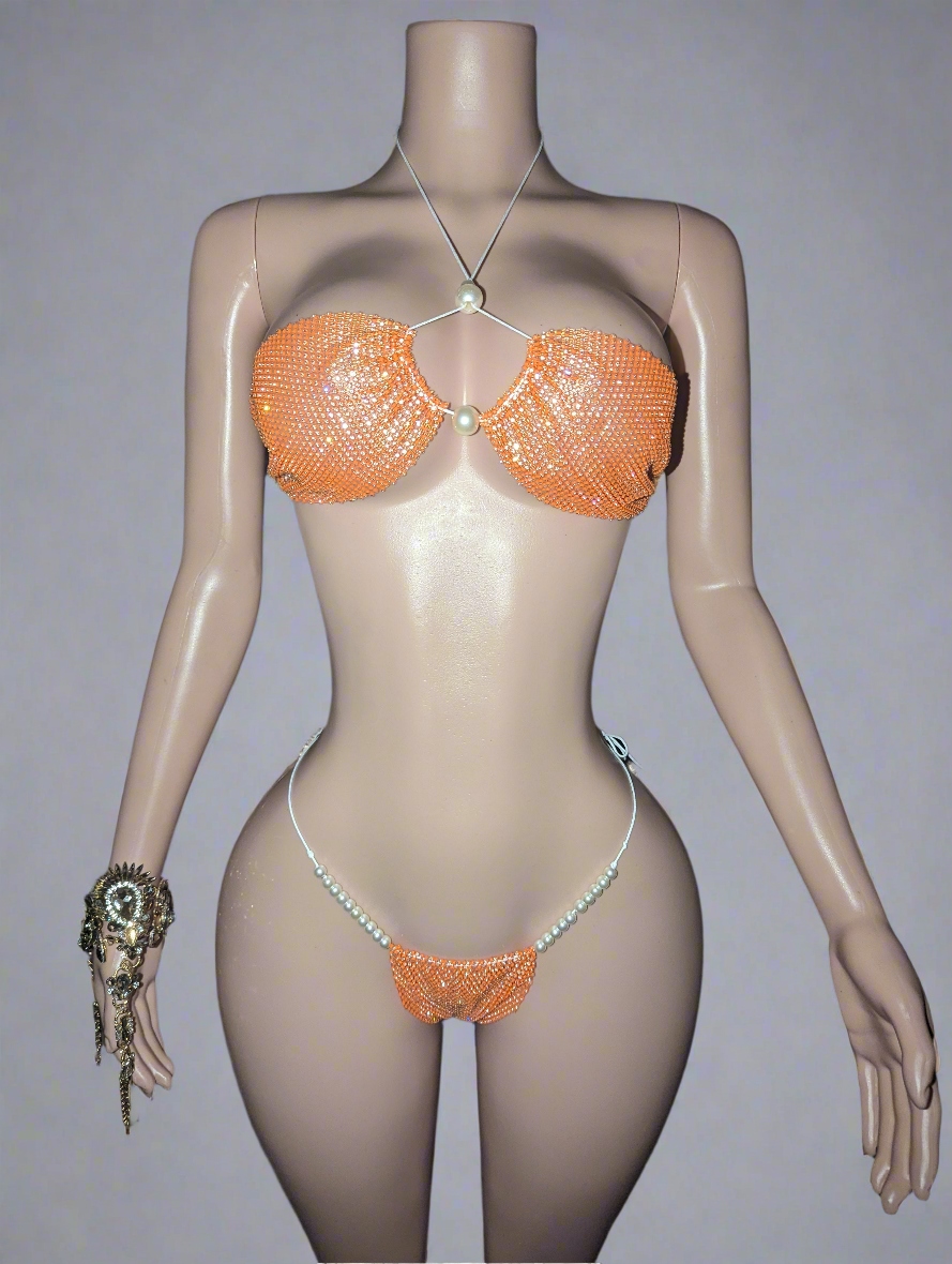Orange Rhinestone Bikini Set
