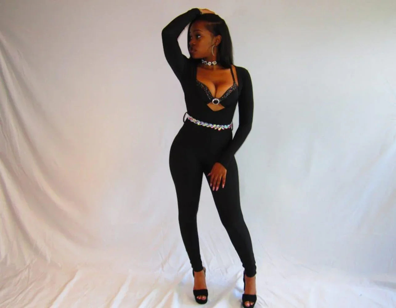 Sassy Plunge Neckline jumpsuit catsuit NO BELT- Prima Dons and Donnas