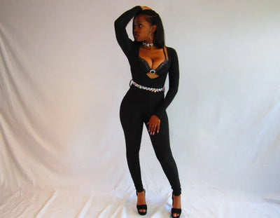 Sassy Plunge Neckline jumpsuit catsuit NO BELT- Prima Dons and Donnas