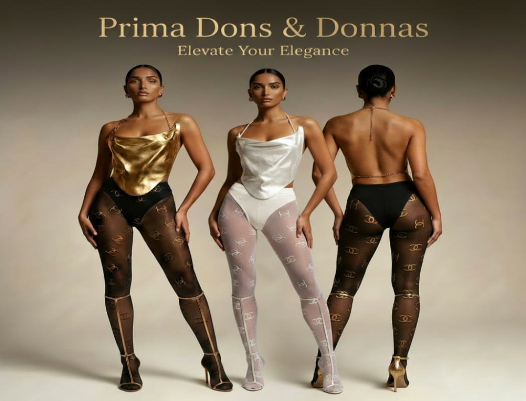 Two models shown against a neutral beige studio background, wearing sheer black tights with a gold monogram pattern and metallic gold high heels. One model faces forward and the other faces backward to show the back of the tights.