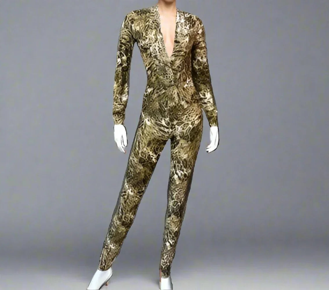 Long Sleeve Leopard Print jumpsuit catsuit- Prima Dons and Donnas