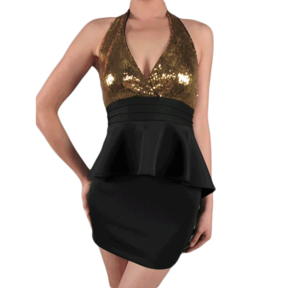 Peplum Sequin Halter Dress- Prima Dons and Donnas