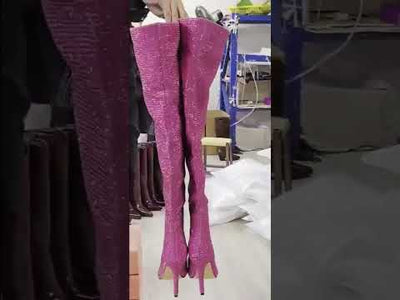 Rhinestone Stiletto Boots – Custom Calf High Heel Boots With Chunky Silver Heel