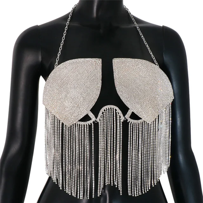 Rhinestone Body Chain Halter Top With Crystal Fringe