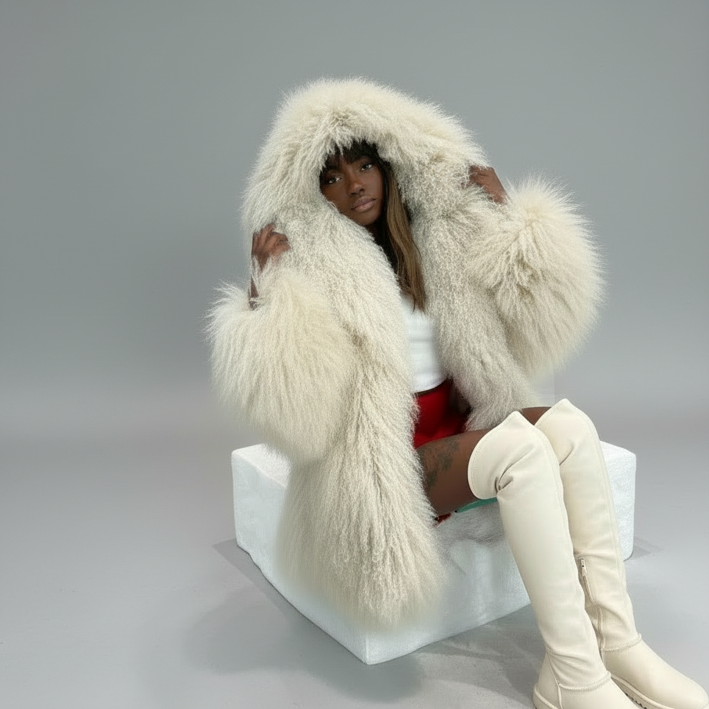 Hooded Over Sized Mongolian Sheep Lamb Fur Coat- By Prima DND