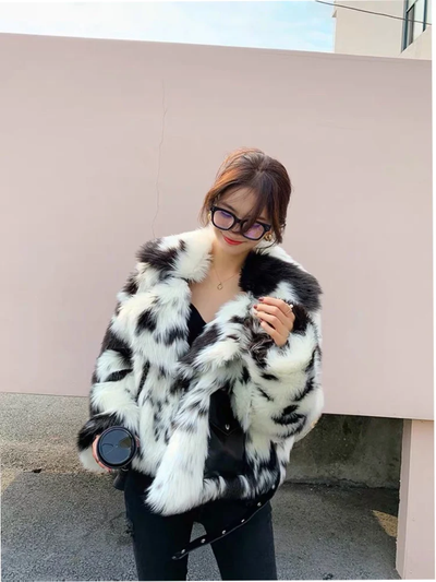 Cow Print Hip Length Faux Fur Jacket