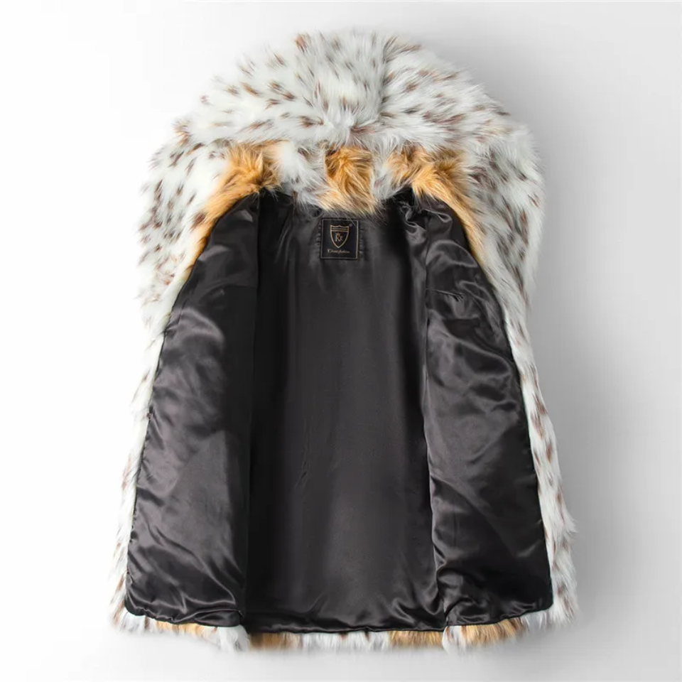 Snow Cat Print Hip Length Faux Fur Jacket
