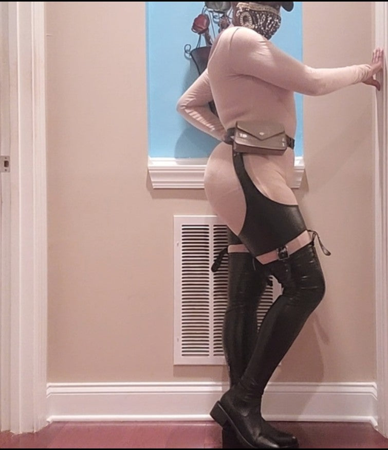 Thigh High Boots - Flat Heel Faux Leather Cutout Adjustable Strap Boots