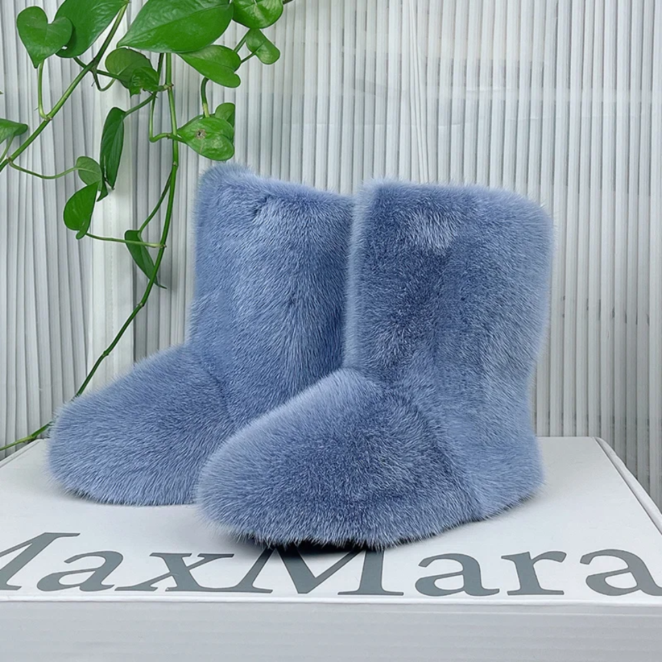 Mink Fur Winter Boots - Custom Sized Calf High Flat Winter Boots With Plush Lining
