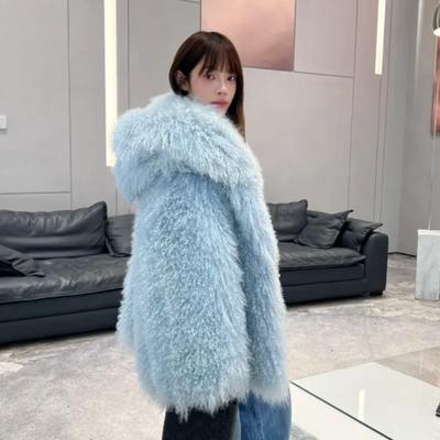 Hooded Over Sized Mongolian Sheep Lamb Fur Coat- By Prima DND