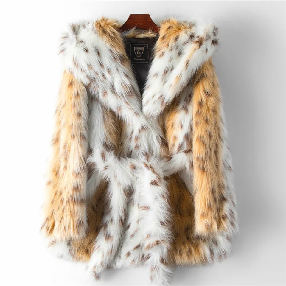 Snow Cat Print Hip Length Faux Fur Jacket