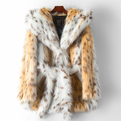 Snow Cat Print Hip Length Faux Fur Jacket