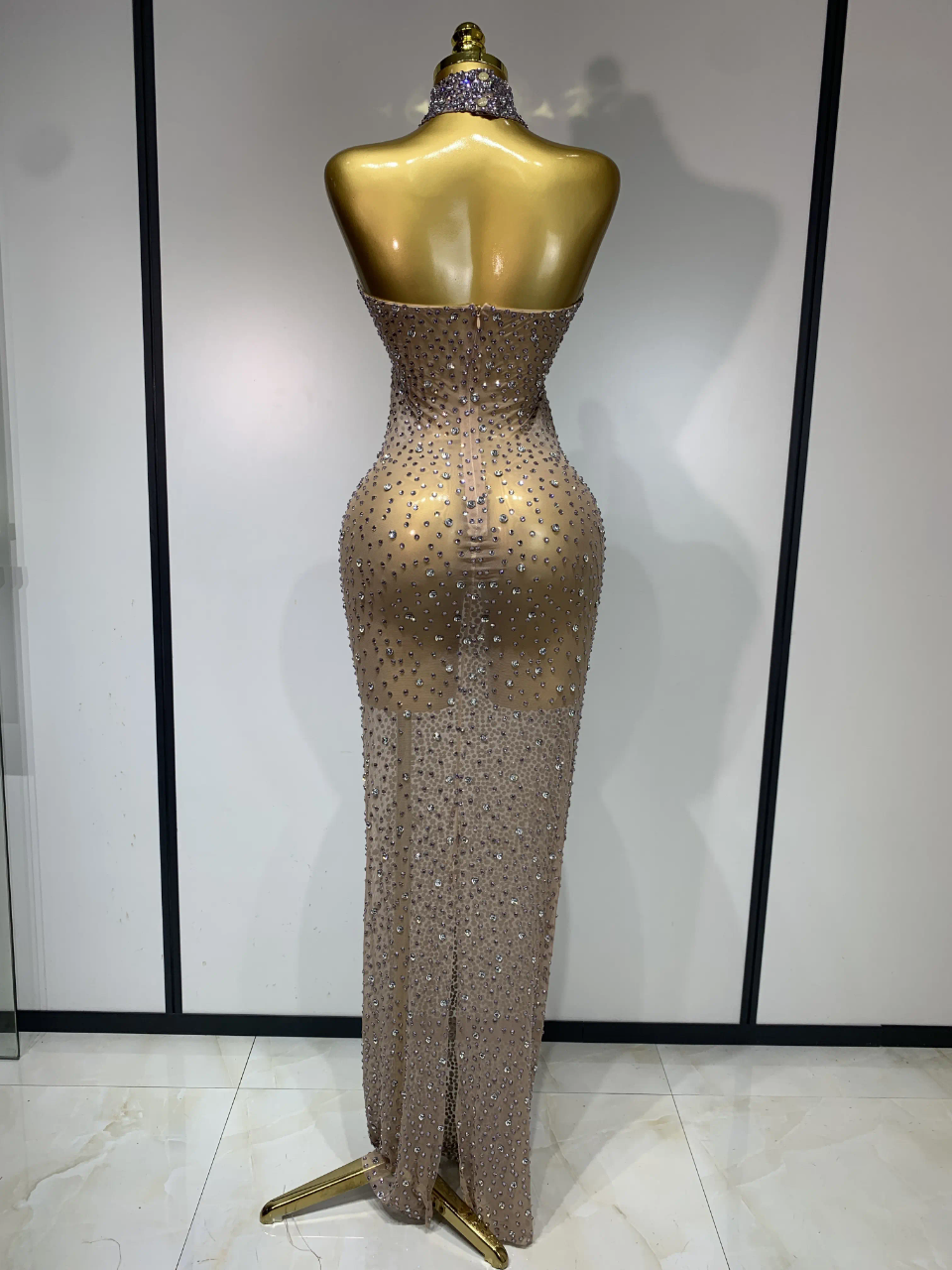 crystal rhinestone mesh dress Mermaid Maxi Dress
