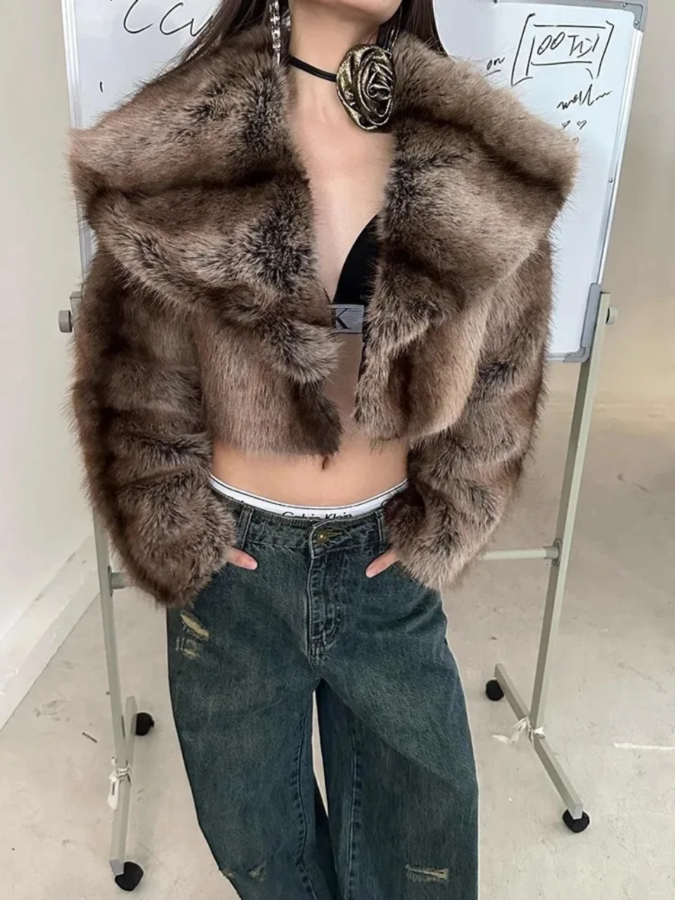 Cropped Faux Big Collar Fur Jacket- Prima Dons and Donnas