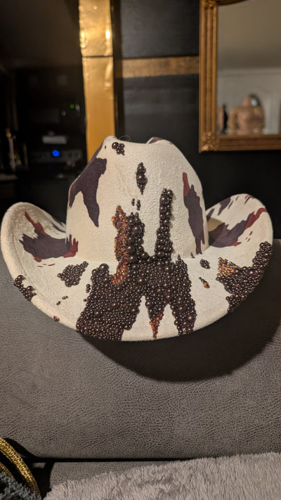 Custom Cowboy Print Pearl & Rhinestone Western Cowboy Hat (Ready to Ship)