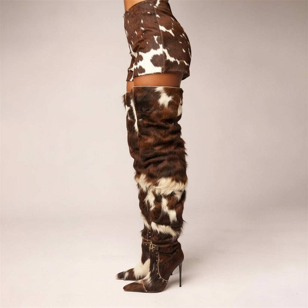 Cowboy Cowhide Boots – Custom Size Thigh High Boots With Plush Winter Warmth