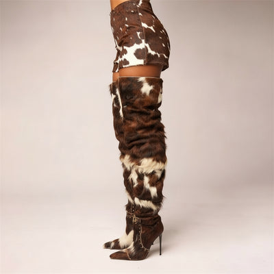 Cowboy Cowhide Boots – Custom Size Thigh High Boots With Plush Winter Warmth