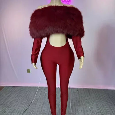 Off Shoulder Fur Jumpsuit- Prima Dons and Donnas