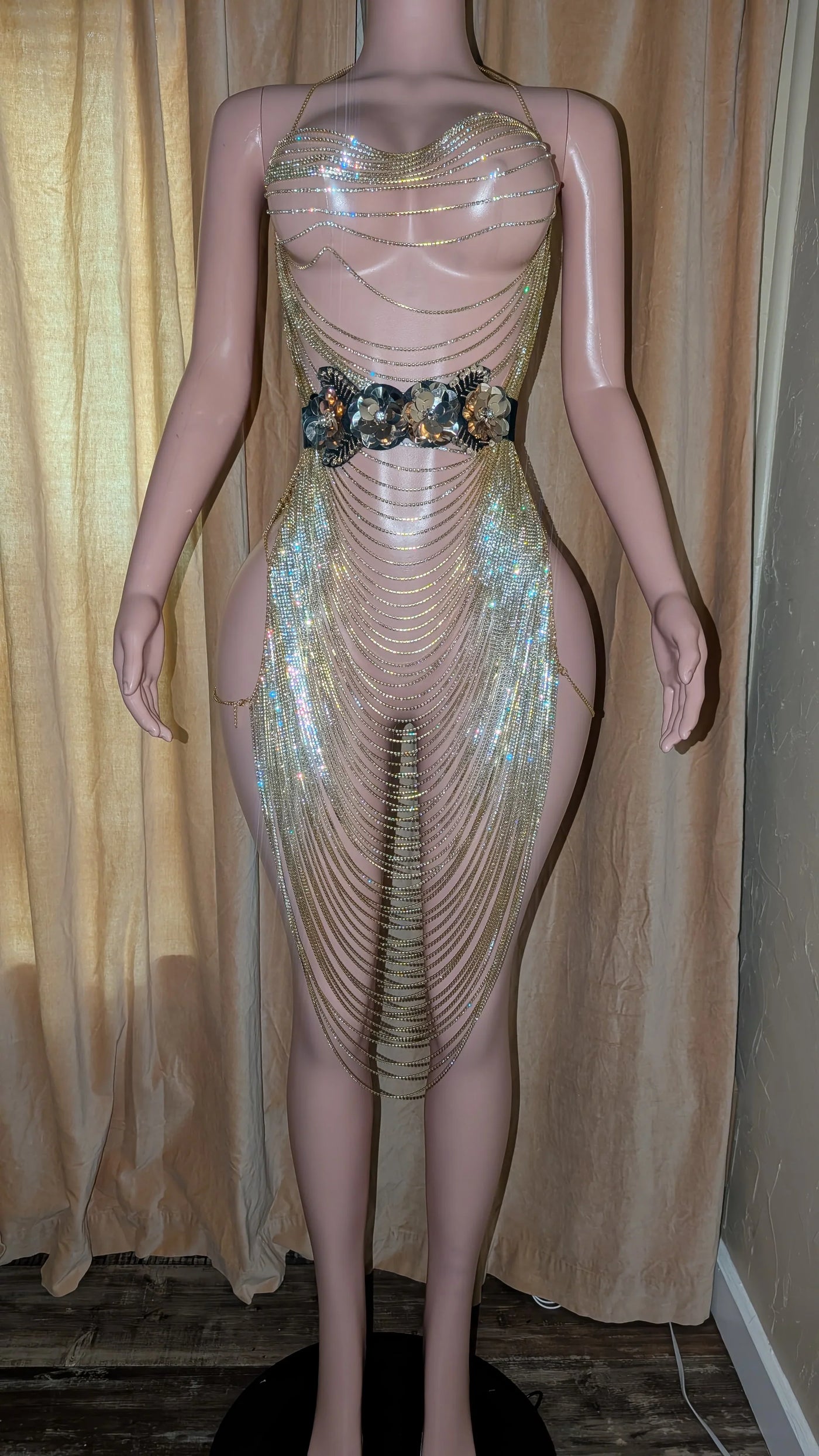 Maxi Rhinestones Dress – Plunge Chain Body Crystal Rhinestones Silver Party Dress