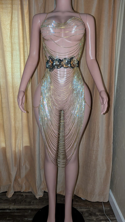 Maxi Rhinestones Dress – Plunge Chain Body Crystal Rhinestones Silver Party Dress