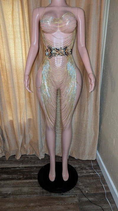 Maxi Rhinestones Dress – Plunge Chain Body Crystal Rhinestones Silver Party Dress