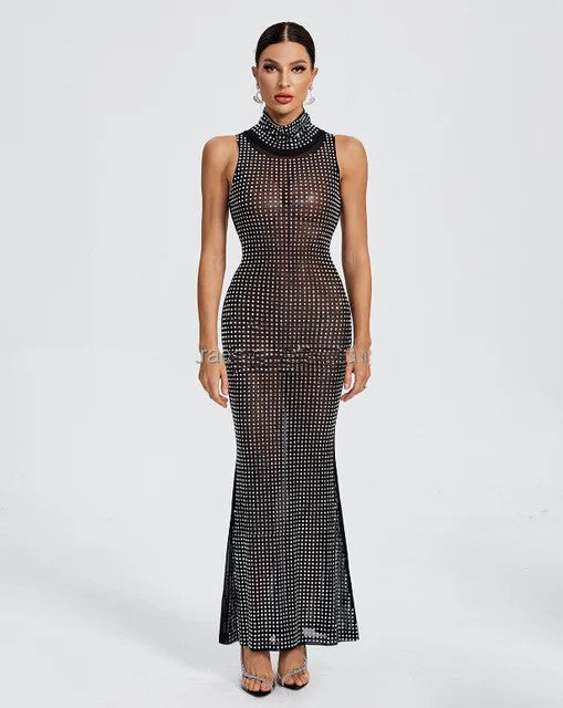 Mock Neck Maxi Rhinestone Mesh Dress