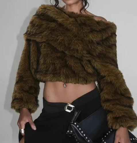 Faux Fur Off Shoulder Long Sleeve Top- Prima Dons and Donnas