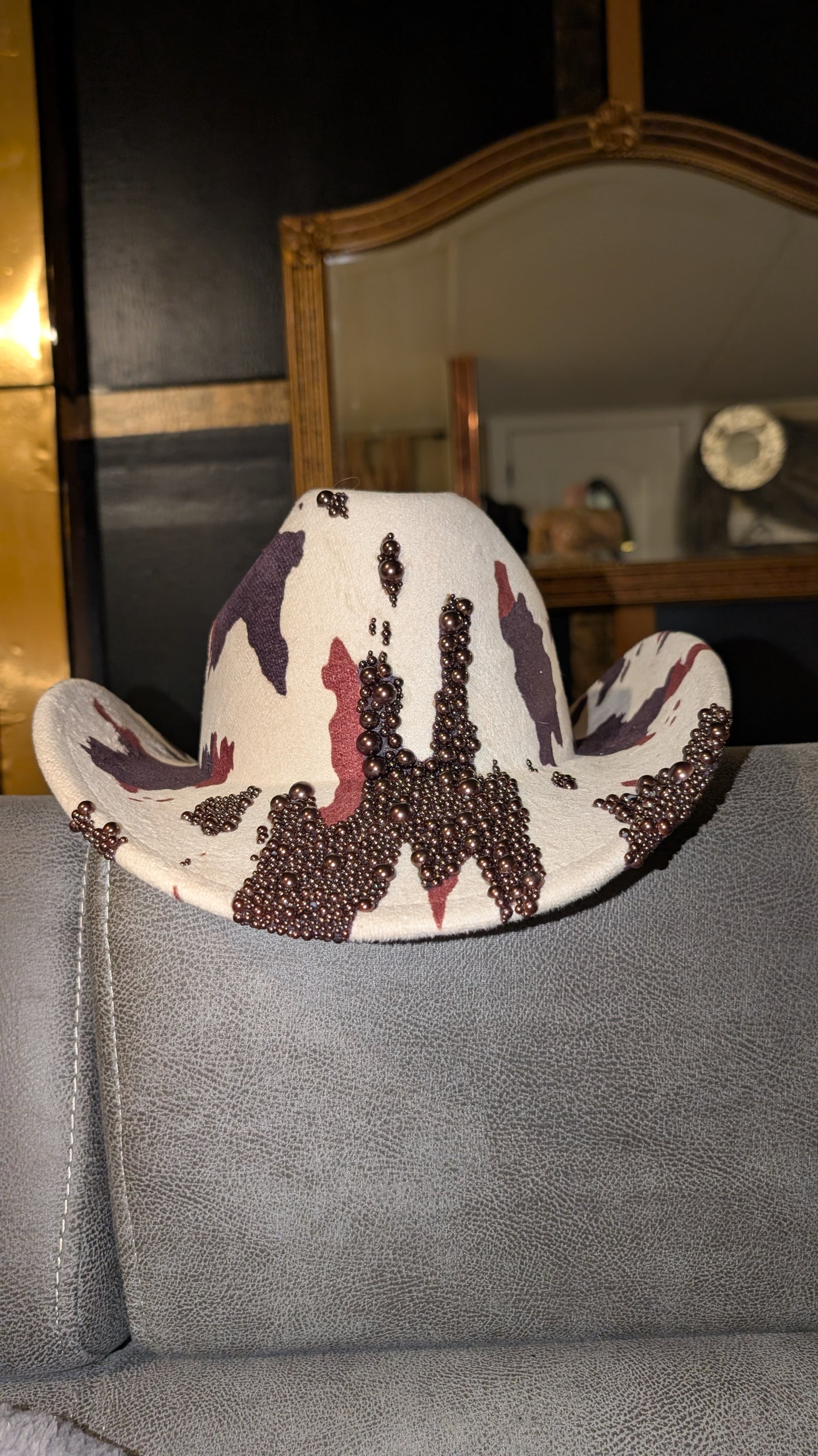 Custom Cowboy Print Pearl & Rhinestone Western Cowboy Hat (Ready to Ship)