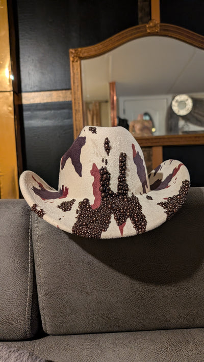 Custom Cowboy Print Pearl & Rhinestone Western Cowboy Hat (Ready to Ship)
